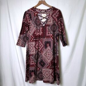 Fig & Olive Womens Lattice Neck Medallion Print Shift Dress Size L Burgundy Navy